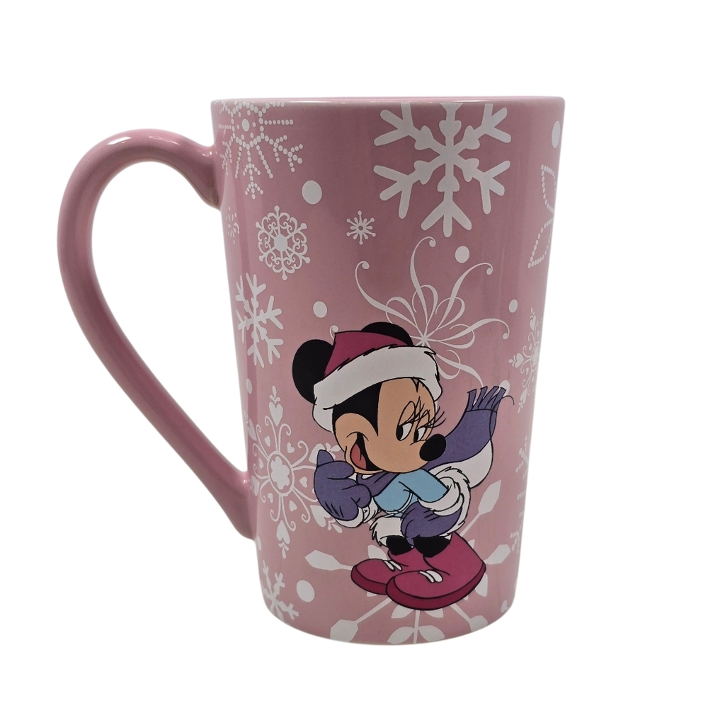 Disney Store Minnie Mouse Winter Pink Textured Snowflake Ceramic Tall Coffee Mug
